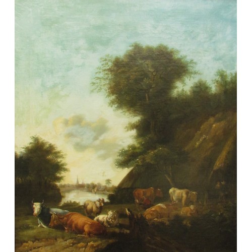 4143 - English School early 19th Century rural landscape depicting thatched cottage with cattle and sheep o... 