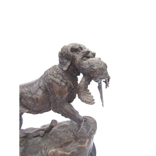 4166 - A bronze sculpture of a hunting dog with a pheasant in its mouth on marble base, bearing name, 33cm ... 