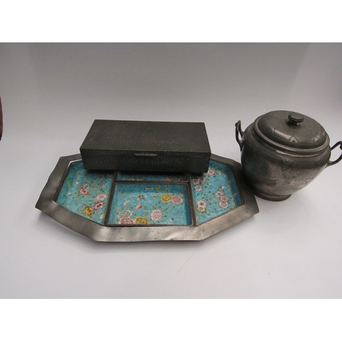 4477 - A pewter tray with pull-out enamel sections, a Cornish pewter lidded jar and English pewter cigar bo... 