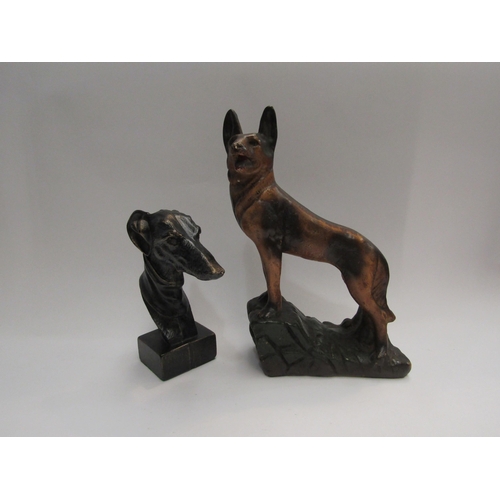 4470 - A bronzed greyhound bust and an Alsatian. A brass cut glass oil lamp and an egg coddler (4)