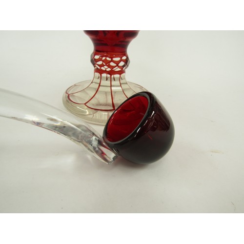 4326 - A ruby and clear glass pedestal jar and cover with ladle, 30cm tall    (R) £150