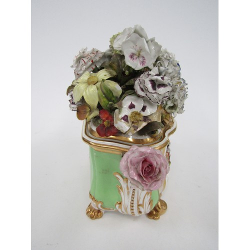 4328 - A Derby green ground flower encrusted bough pot and cover, some damage, 25 cm wide, 22cm tall   (R) ... 