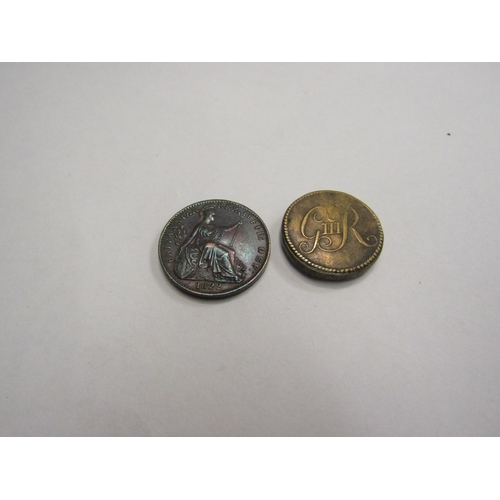 4377 - A King George IV Farthing and George III Guinea weight and a miniature religious leather Italian wal... 