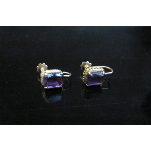 4404 - A pair of gold screw back earrings set with an amethyst coloured stone, back stamped 9ct, 2.3g