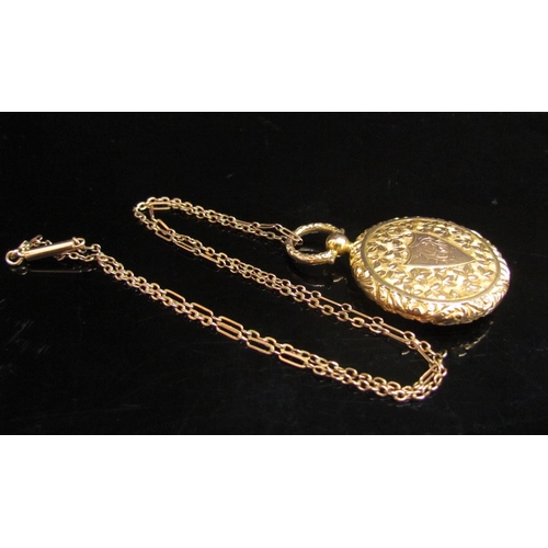 4426 - A 9ct gold plated picture locket with monogrammed shield front, hung on chain, 40cm long,  1.8g chai... 