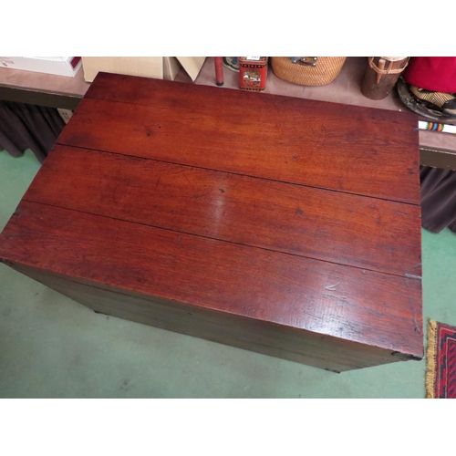 4003 - A 19th Century teak chest with exposed dovetail decoration and shaped iron corner mounts, 63cm high ... 