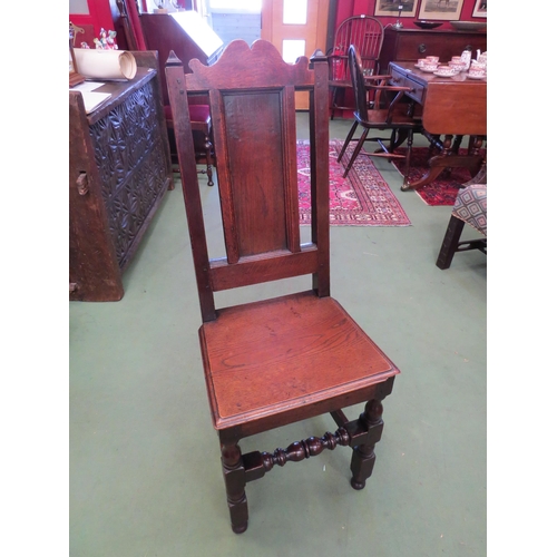 4006 - A 19th Century pegged oak chair-back stool with chamfered finials and humped-shape backrest on turne... 