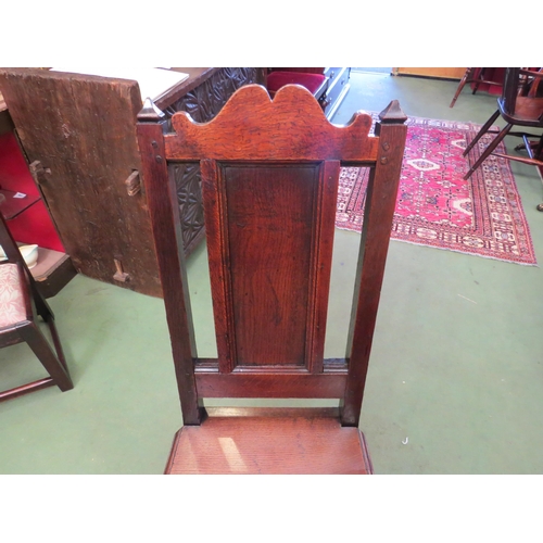 4006 - A 19th Century pegged oak chair-back stool with chamfered finials and humped-shape backrest on turne... 