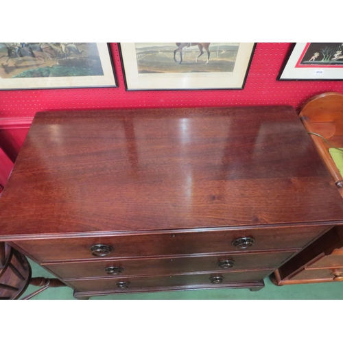 4034 - A circa 1900 mahogany chest of three long drawers with anodised copper handles over bracket feet, 95... 