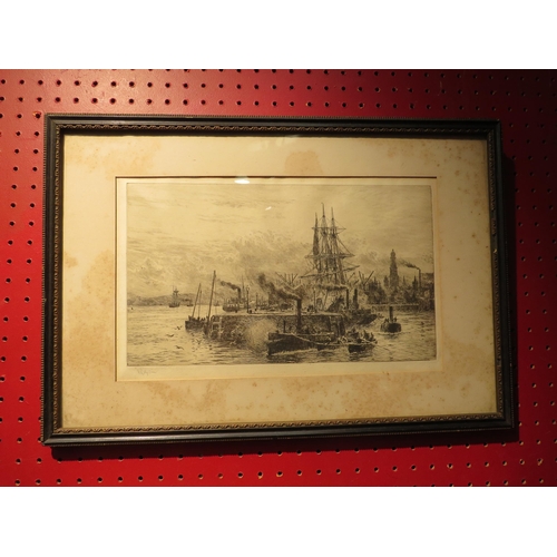 4062 - A William Lionel Wyllie (1851-1931) etching of steam boats and ships docked by quay, signed in penci... 