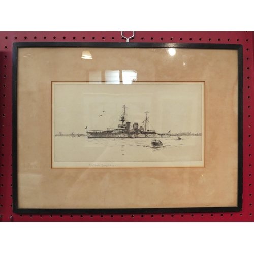 4094 - A Rowland Langmaid (1897-1956) etching of ship and smaller vessels, signed in pencil to the margin, ... 