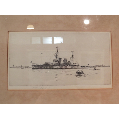 4094 - A Rowland Langmaid (1897-1956) etching of ship and smaller vessels, signed in pencil to the margin, ... 