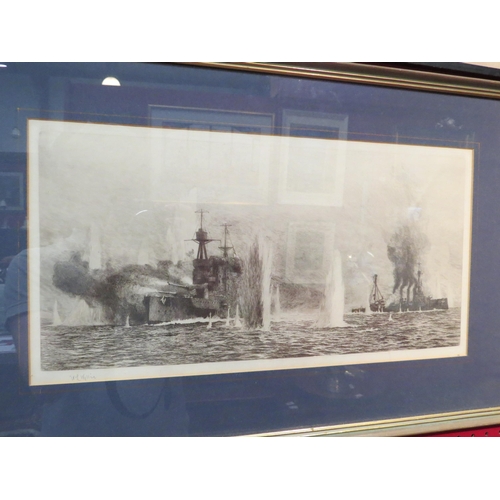 4095 - A William Lionel Wyllie (1851-1931) etching of HMS Warrior and Warspite at Jutland, pencil signed to... 