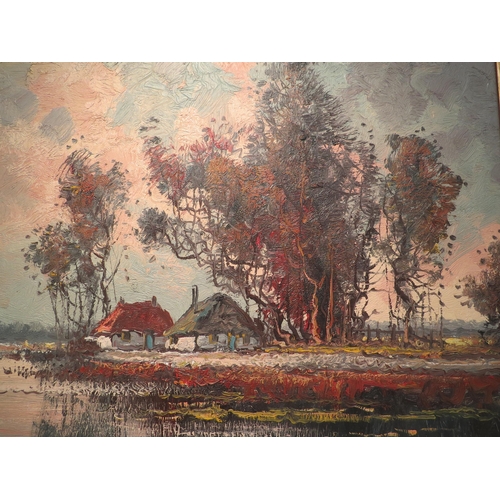 4164 - A mid 20th Century Dutch oil on board of a lakeside dwelling, indistinctly signed by the artist lowe... 