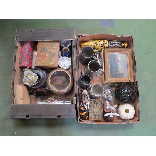 4258 - Two boxes of miscellaneous including pewter tankards, ceramic insect wall pockets, HMS Victory ship ... 