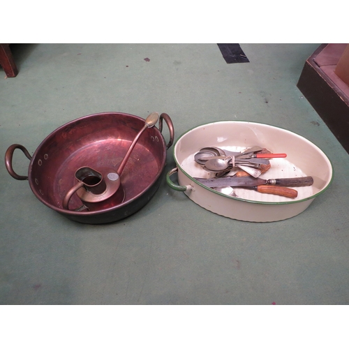 4262 - A copper jam pan, Haws copper watering can with rose, enamel pan and plated cutlery, etc