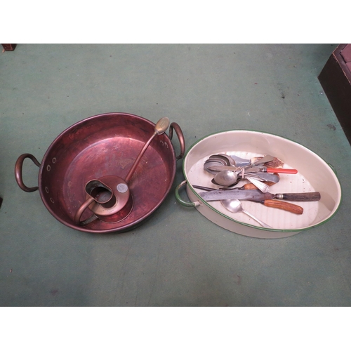 4262 - A copper jam pan, Haws copper watering can with rose, enamel pan and plated cutlery, etc