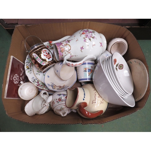 4263 - A box of miscellaneous ceramics including 18th Century Newhall teapot, Wedgwood Peter Rabbit etc