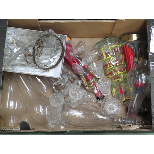 4264 - A box containing miscellaneous glass including lustre, oil lamp, chimneys, decorative bottles and li... 