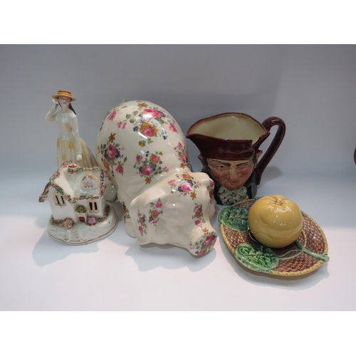 4283 - A ceramic pig, Royal Doulton Susannah, Staffordshire cottage, pastel burner and fruit inkwell (5)