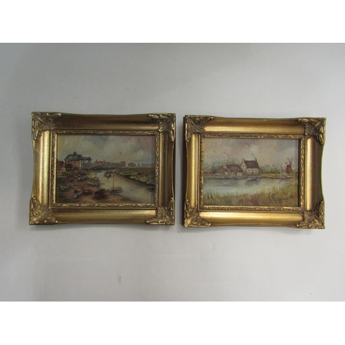 4440 - Four G.M. Jamieson gilt framed oils on board of harbour Broadland and river scenes together with two... 