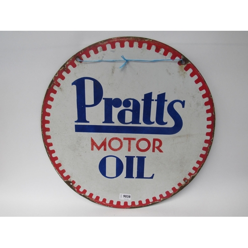 9038 - An enamel double sided circular sign Pratts Motor Oil, 21