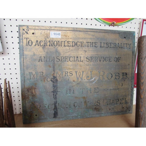 9040 - A brass chapel plaque; Mr & Mrs W.J.Robb, 18