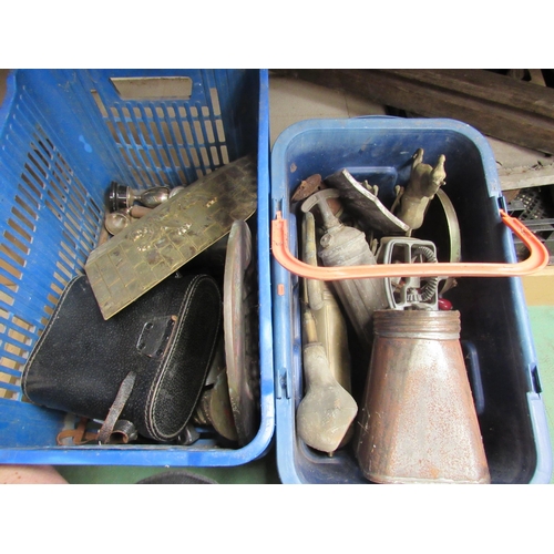 9048 - Two boxes of mixed metalwares including milk churn, tankards etc