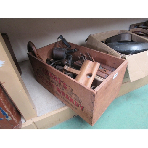 9051 - A Grants Cherry Brandy crate containing mixed tools; planes, blow lamp etc