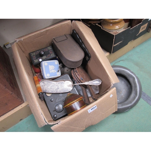 9052 - A box of miscellaneous including pewter bed pan, bellows etc