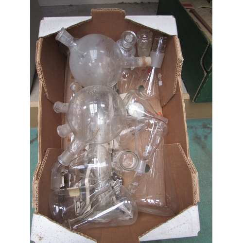 9056 - A box of scientific glass vessels including conical vases