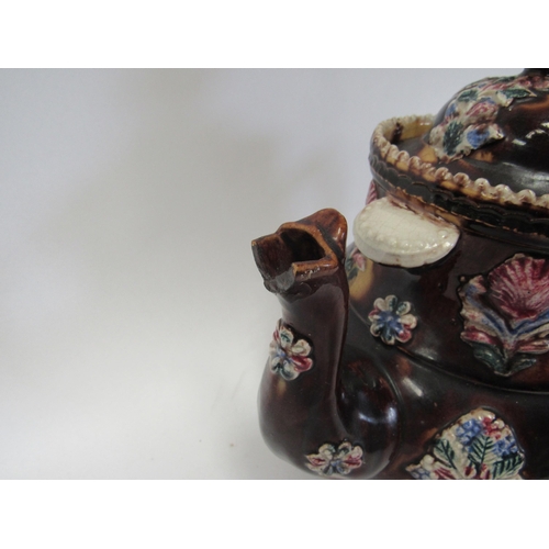 9102 - A Measham Bargeware 19th Century teapot, some damage (E)  £20-30