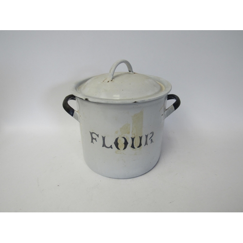 9128 - A white and blue lidded enamel flour bin