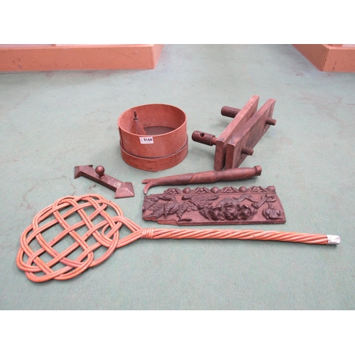 9166 - A bentwood sieve, carved panel, carpet beater etc