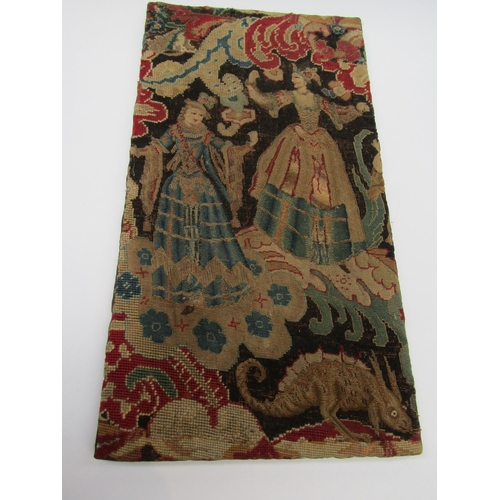 1030 - An early embroidery of figures and dragon, 57cm x 31cm