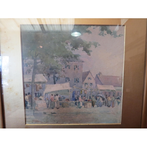 1122 - A watercolour of European market scene, figures beside stalls, framed and glazed, 25cm x 25cm image ... 