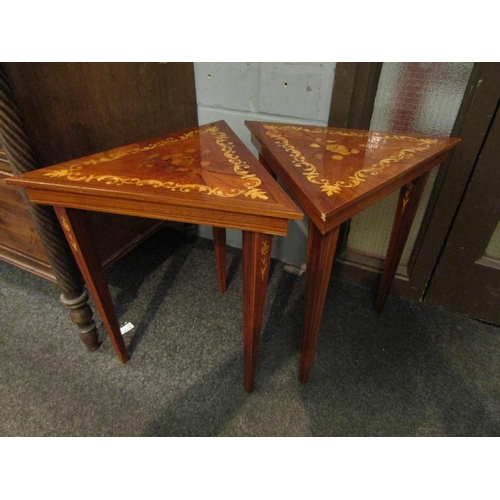 1040 - An Italian marquetry drinks trolley together with two triangular occasional tables (3)