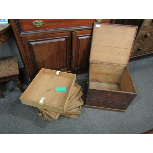 1062 - A Georgian oak chest, the lift top opening to reveal multiple trays, 38cm high x 50cm wide x 51cm de... 