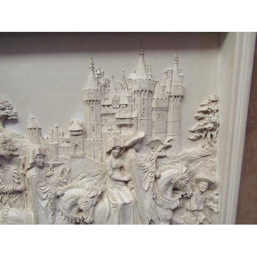 1074 - A D.H. Morton Marcus Designs circa 1977 composition plaque of figures on horseback with castle to ba... 