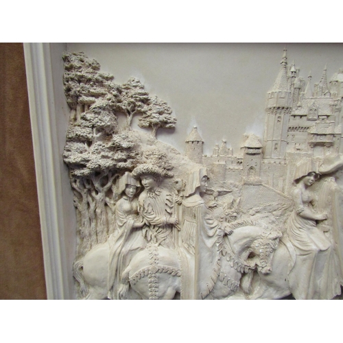 1074 - A D.H. Morton Marcus Designs circa 1977 composition plaque of figures on horseback with castle to ba... 