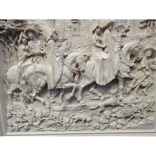 1074 - A D.H. Morton Marcus Designs circa 1977 composition plaque of figures on horseback with castle to ba... 