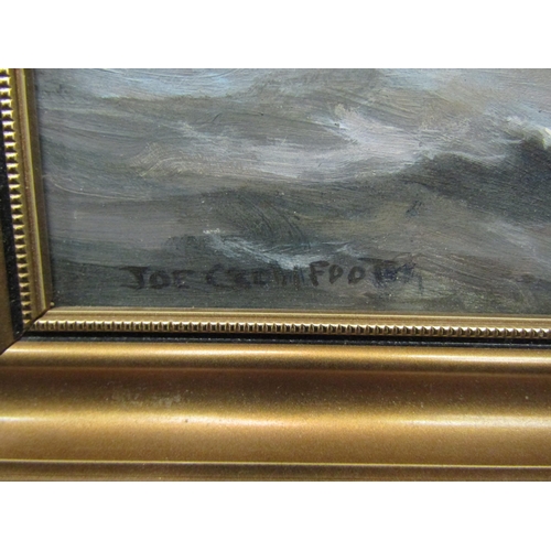 1155 - JOE CROWFOOT: Two paintings on board, fishing vessel and boats on river, both signed lower left and ... 