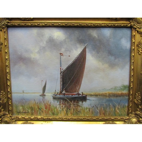 1155 - JOE CROWFOOT: Two paintings on board, fishing vessel and boats on river, both signed lower left and ... 