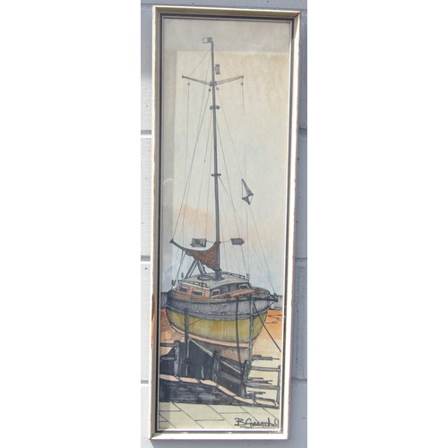 1062 - A mid 20th Century framed and glazed coloured pen on paper depicting a sailing vessel. Indistinctly ... 