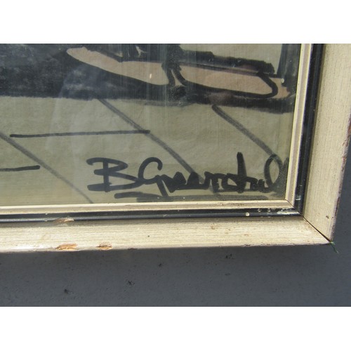 1062 - A mid 20th Century framed and glazed coloured pen on paper depicting a sailing vessel. Indistinctly ... 