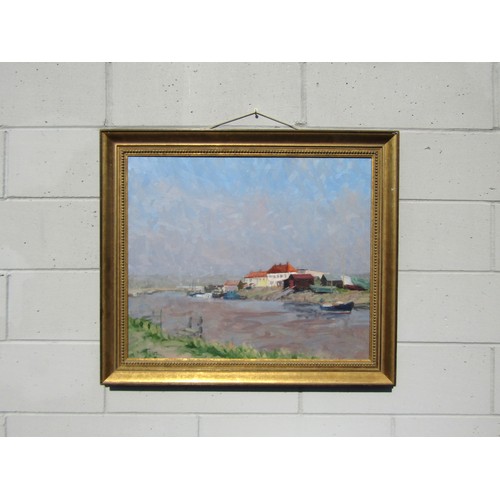 7068 - GEOFFREY WILSON (1920-2010) A large framed oil on canvas, scene at Walberswick, Suffolk. Signed bott... 