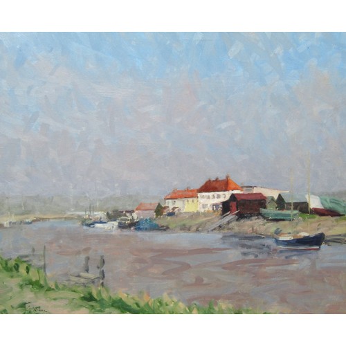 7068 - GEOFFREY WILSON (1920-2010) A large framed oil on canvas, scene at Walberswick, Suffolk. Signed bott... 