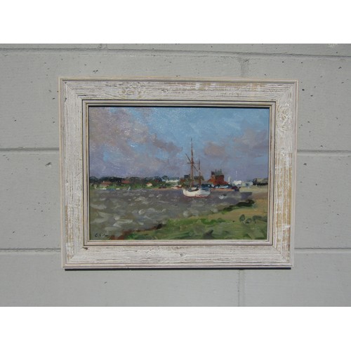 7070 - GEOFFREY WILSON (1920-2010) A framed oil on board, scene at Southwold, Suffolk. Signed bottom left. ... 