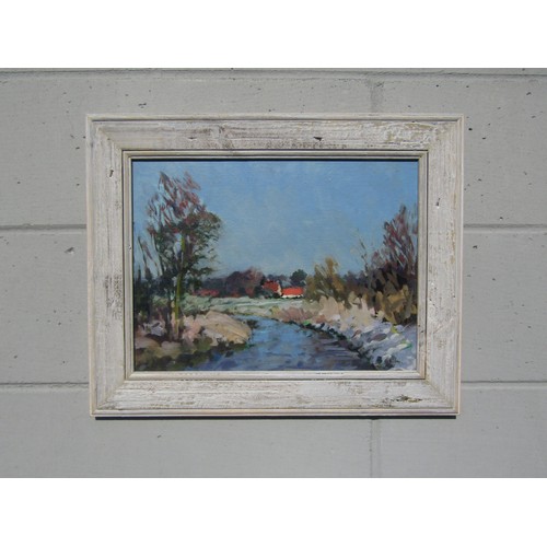 7071 - GEOFFREY WILSON (1920-2010) A framed oil on board, scene of the River Beck, Thelton. Signed bottom r... 