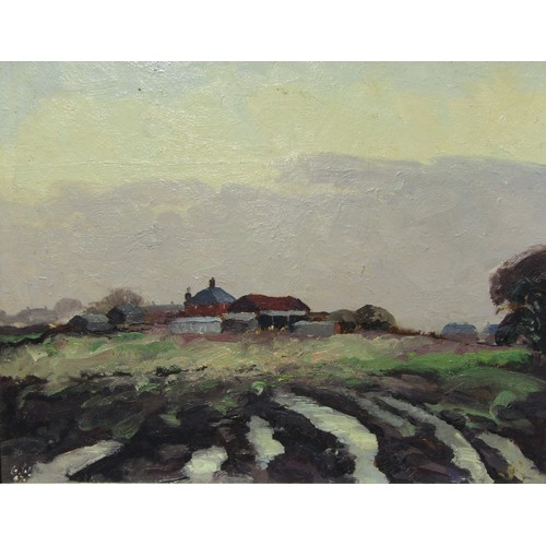 7069 - GEOFFREY WILSON (1920-2010) A framed oil on board, farm scene at Thelton. Monogram bottom left. Imag... 